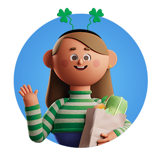 Cartoon kroji character wearing a shamrock headband while holding a bag of groceries.