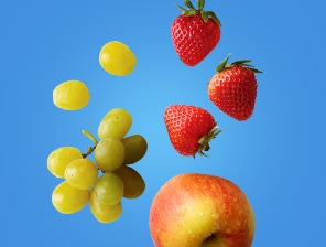 Fresh strawberries, grapes, and apples.