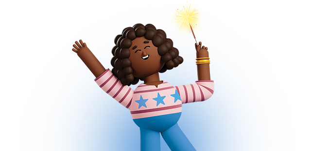 Kroji character smiling while holding a sparkler. Kroji character smiling while holding a sparkler.