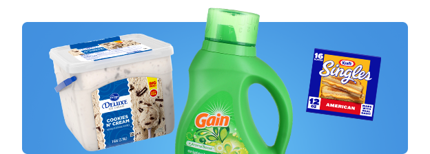 Kroger Icecream next to kraft singles and Gain laundry detergent.