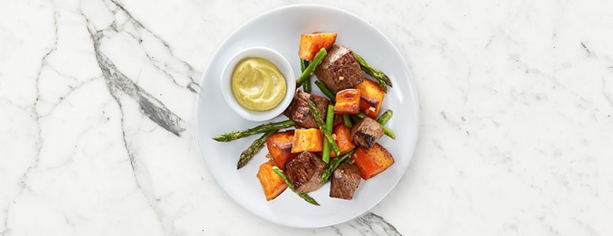 Steak Bites with Sweet Potato and Asparagus Recipe