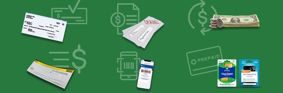 Consolidated representation of all the money services available at QFC including check cashing, bill pay, money transfers, money orders, account funding, and prepaid cards.