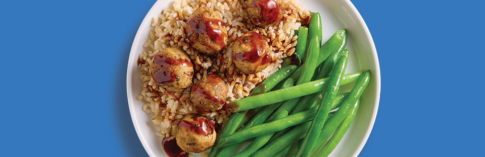 turkey meatballs, brown rice and trimmed fresh green bean